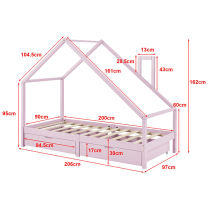 Lit cabane avec tiroirs de rangement + matelas - 90x200cm - Rose