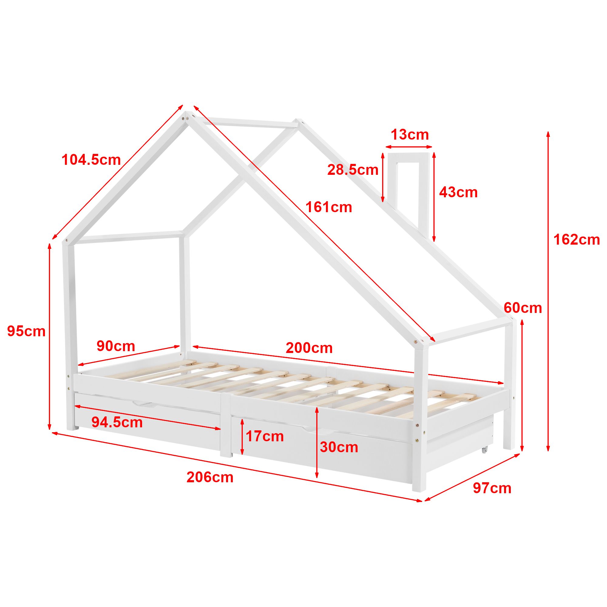 Lit cabane avec tiroirs de rangement et matelas - 90x200cm - Blanc