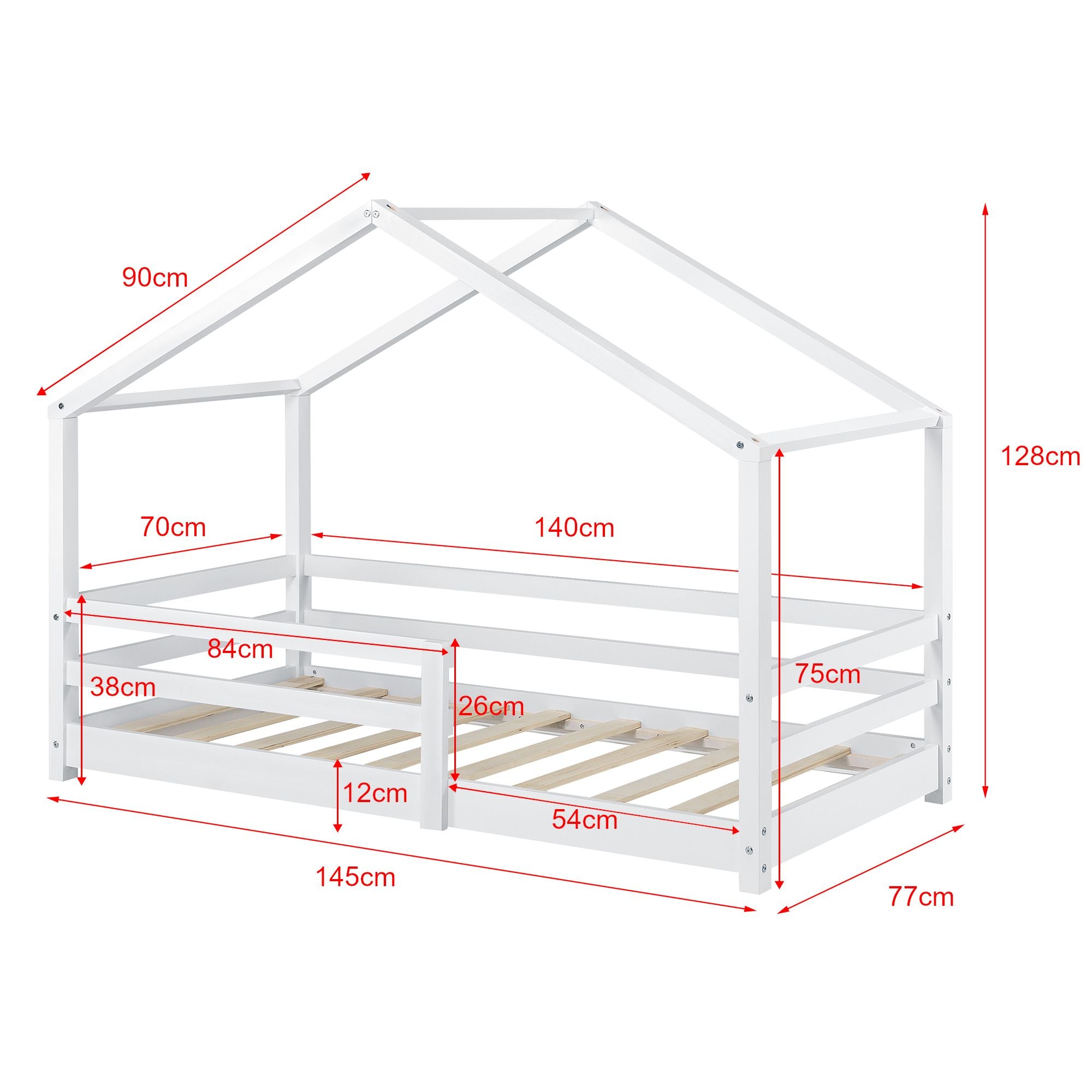 Lit cabane avec barrière et matelas - 70x140cm - Blanc