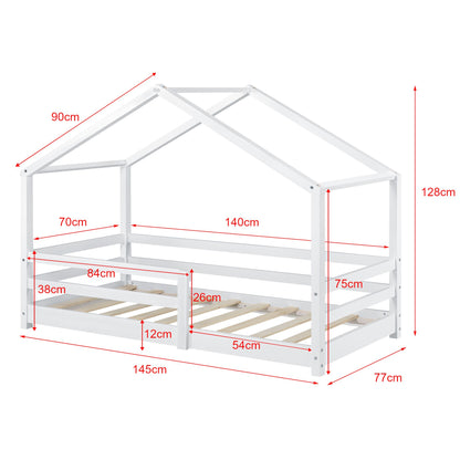 Lit cabane avec barrière et matelas - 70x140cm - Blanc