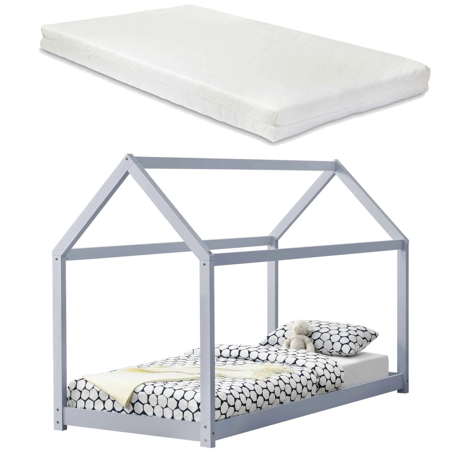 Lit cabane Montessori avec matelas - 90x200cm - Gris