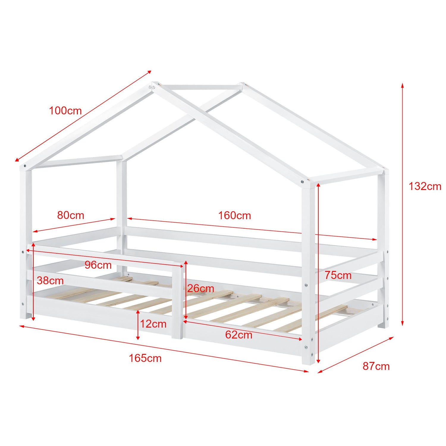 Lit cabane avec barrière et matelas - 80x160cm - Blanc