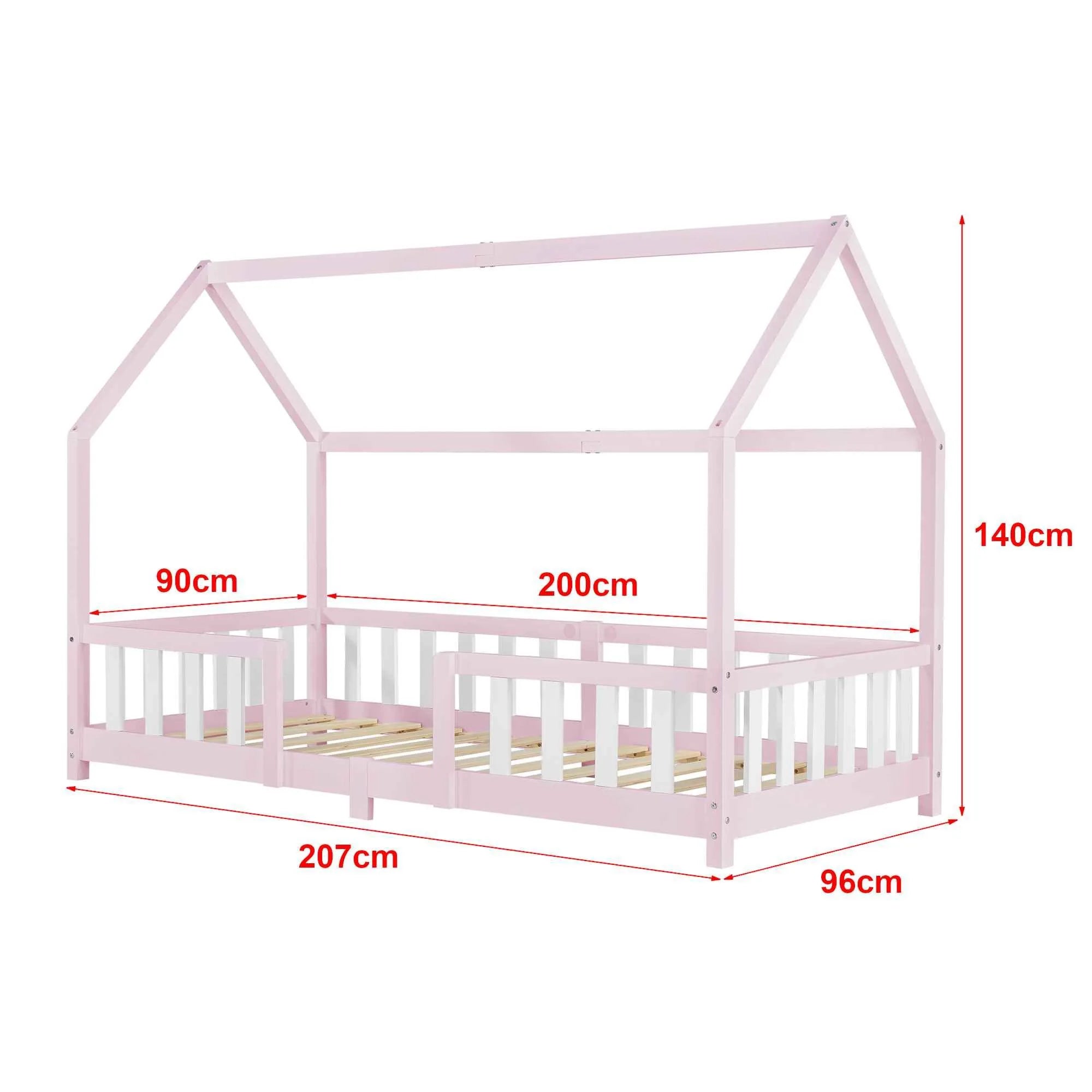 Lit cabane avec barrière - 90x200cm - Rose