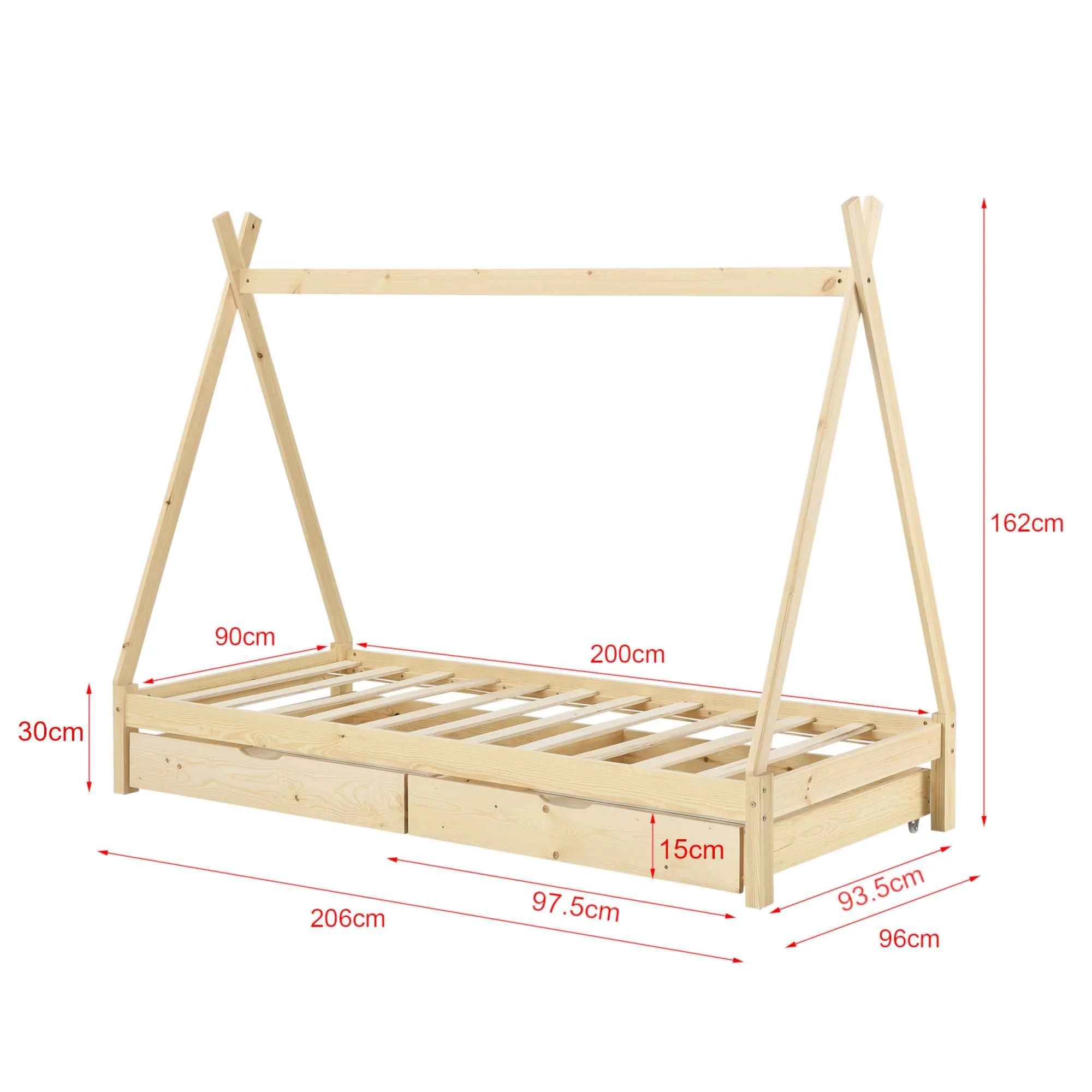 Tipi bed 90x200cm met opberglades - Natuurlijk hout