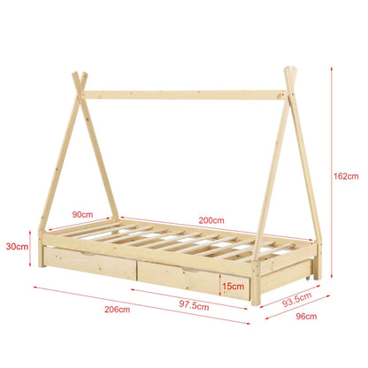 Lit tipi 90x200cm avec tiroirs de rangement - Bois naturel