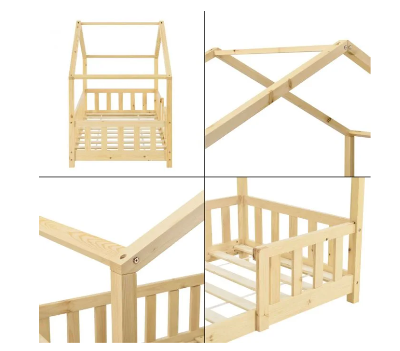 Lit cabane enfant en bois avec barrière 80x160cm