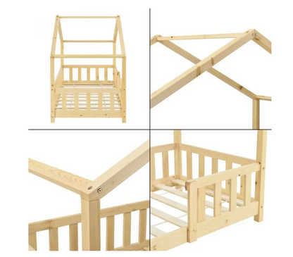 Lit cabane enfant en bois avec barrière 80x160cm