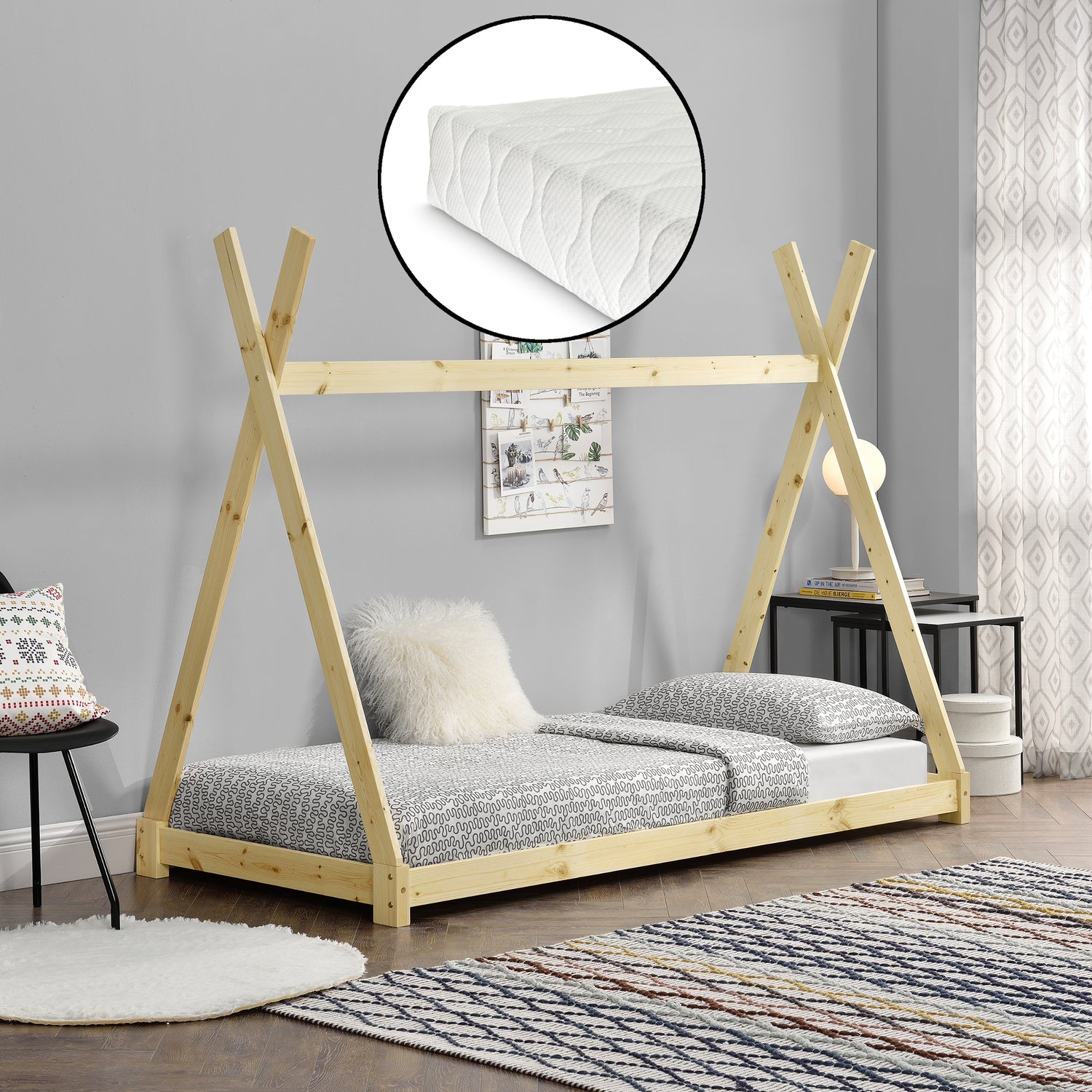 Lit Tipi Pour Enfants Avec Matelas Mousse à Froid Onejda Bois Naturel 200 x 90 cm [en.casa]