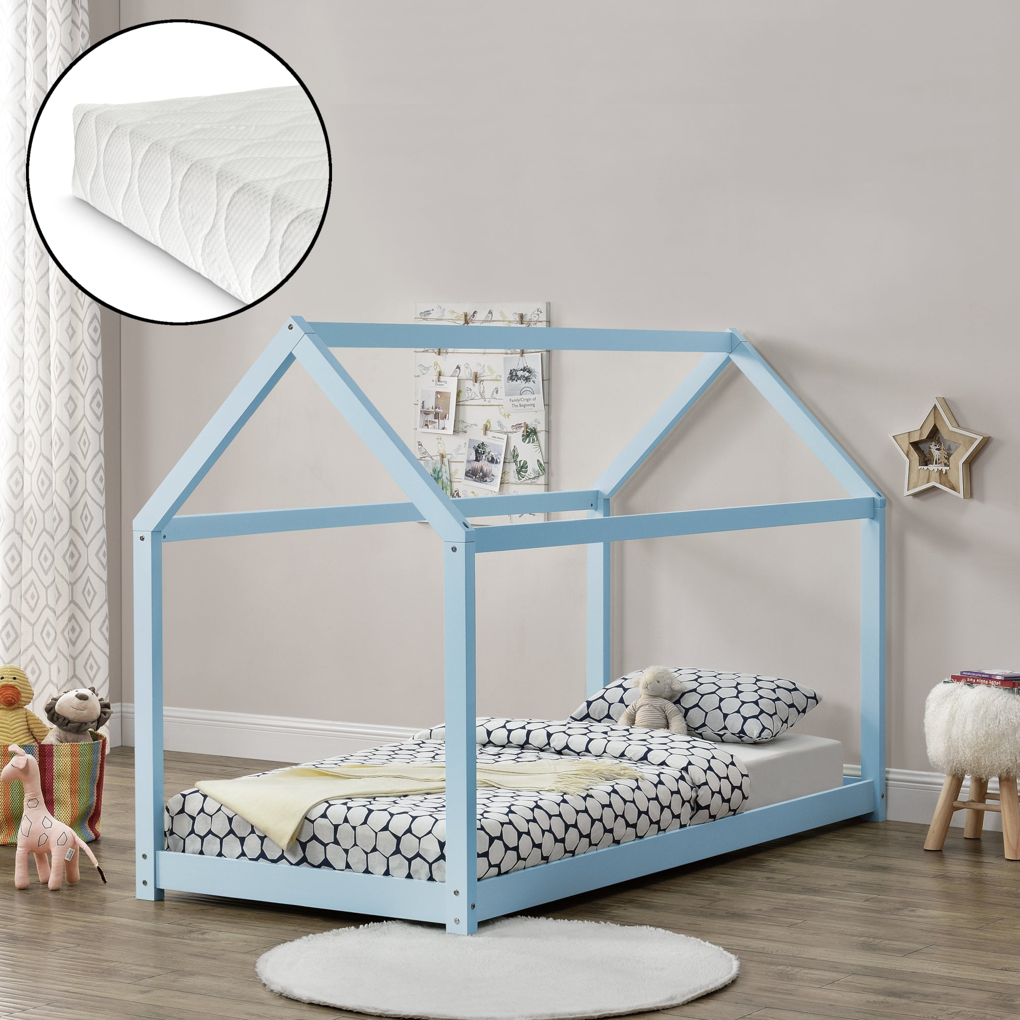 Lit Cabane Forme Maison Netstal avec Matelas Mousse à Froid 200 x 90 cm Bleu [en.casa]