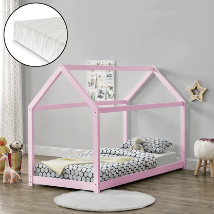 Lit Cabane Forme Maison Netstal avec Matelas Mousse à Froid 200 x 90 cm Rose [en.casa]