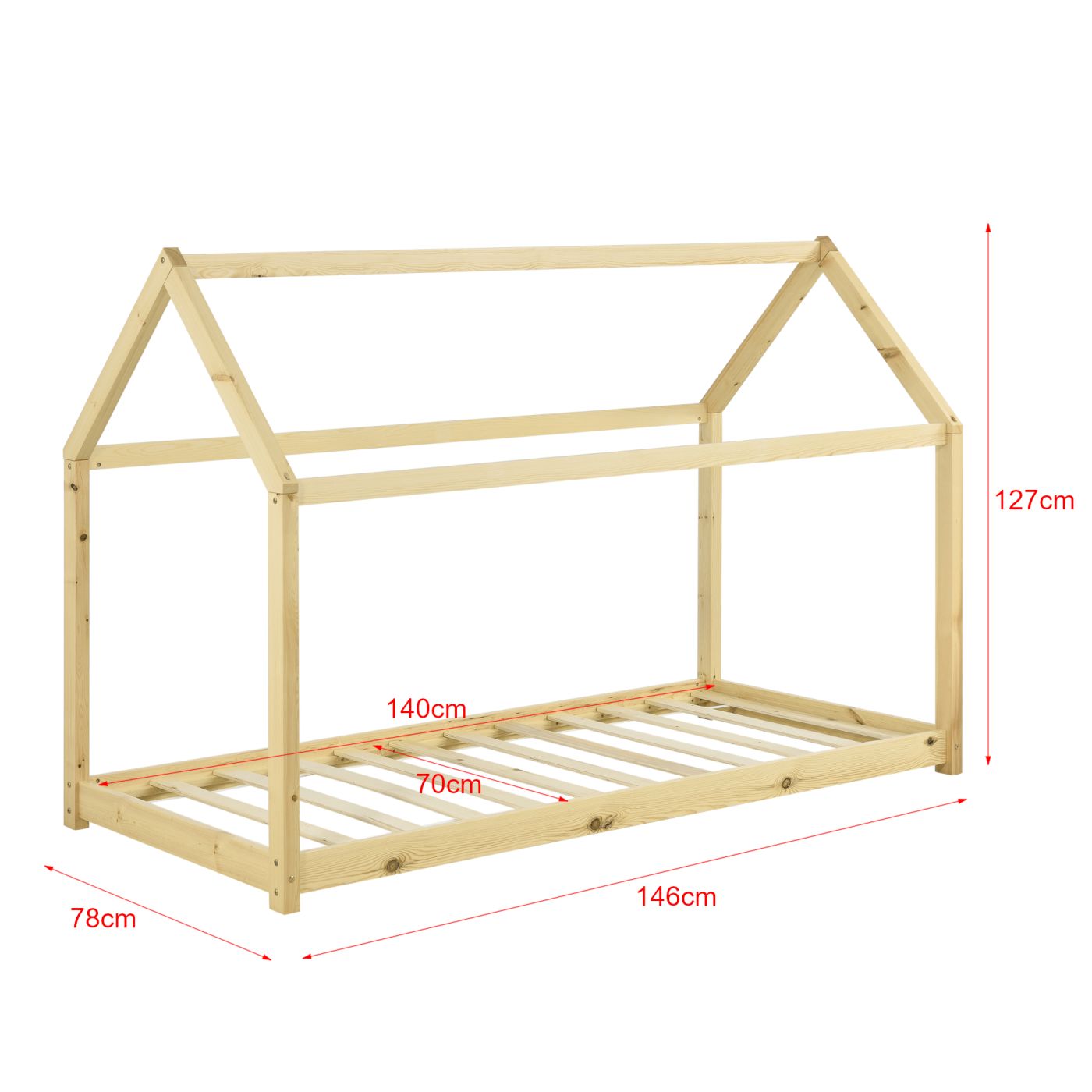 Lit cabane Montessori sans barrière 70x140cm - Bois naturel