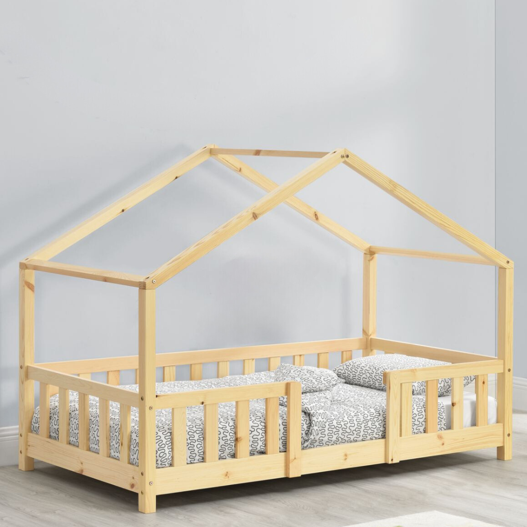 Lit cabane enfant en bois avec barrière 70x140cm