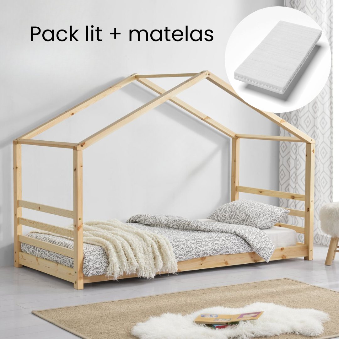 Montessori kajuitbed met matras - 90x200cm - Natuurlijk hout