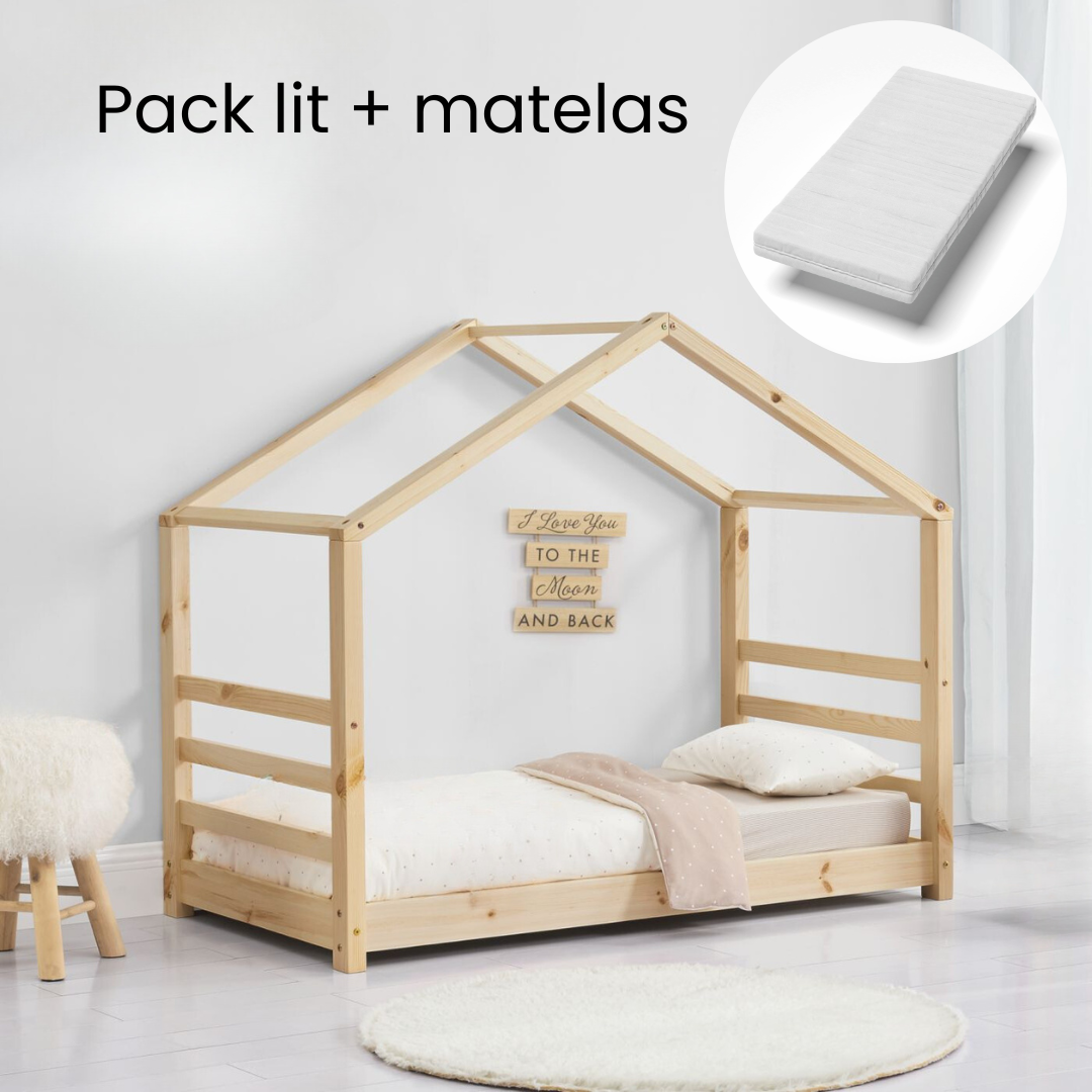 Lit cabane Montessori avec matelas - 80x160cm - Bois naturel