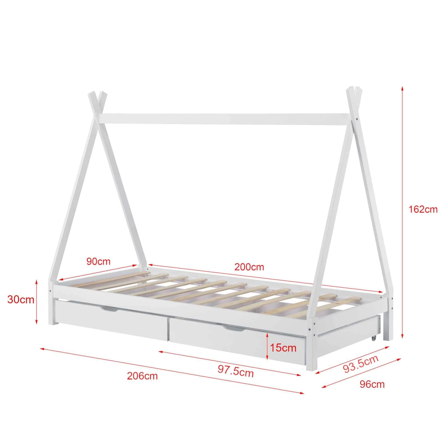 Tipi bed 90x200cm met opberglades - Wit