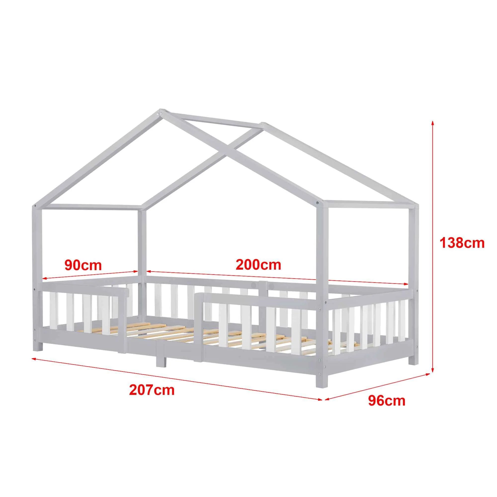 Lit cabane avec barrière - 90x200 cm - Gris