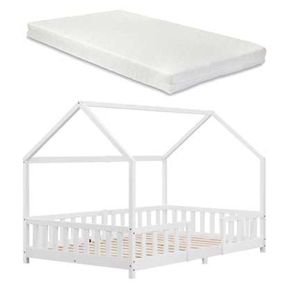 Groot Montessori kajuitbed met barrière + matras - 120x200cm - Wit