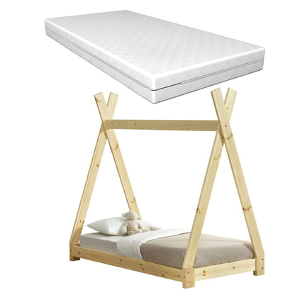 Lit tipi 70x140cm avec matelas - Montessori - Bois naturel