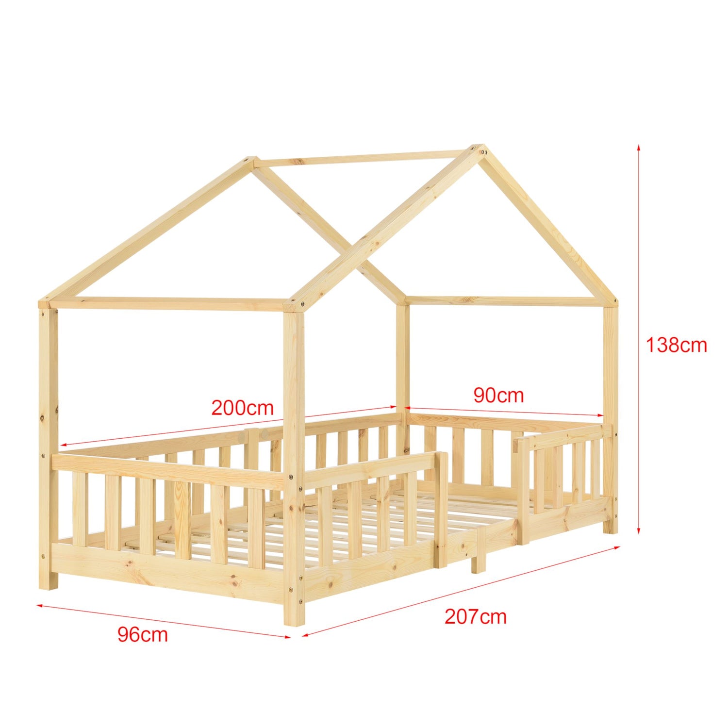 Lit cabane en bois naturel avec barrière et matelas 90x200cm