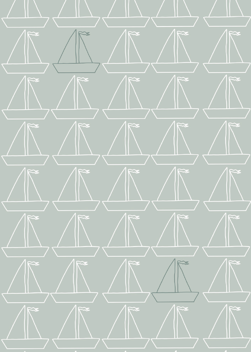 Papier peint chambre enfant Bateau - Gris &amp; Blanc + bleu