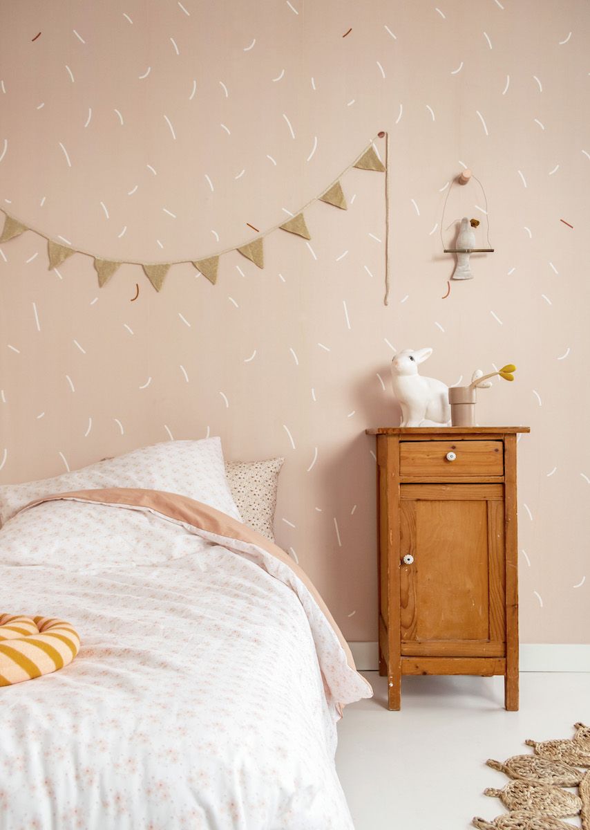 Papier peint chambre enfant Vermicelle - Rose nude &amp; Blanc