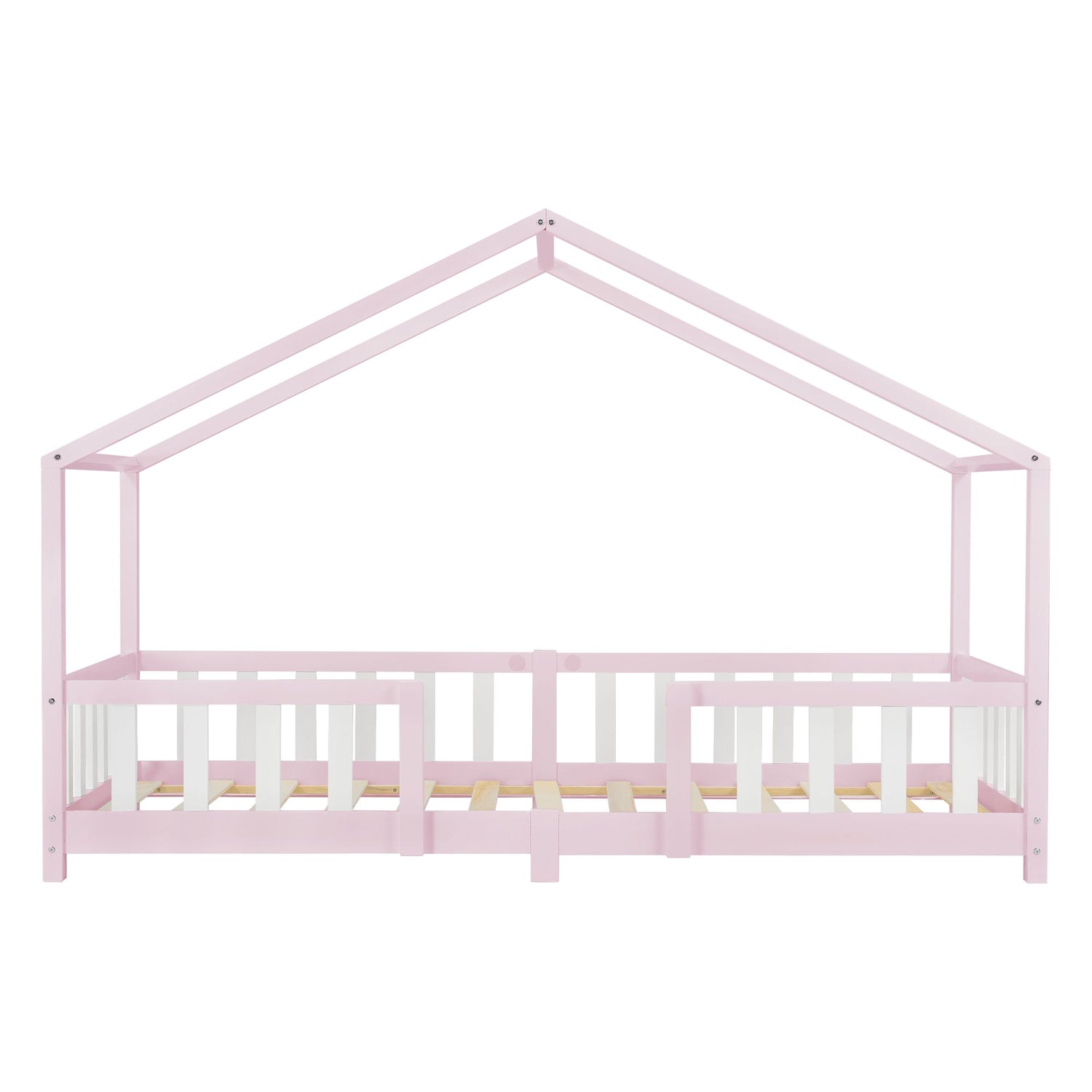 Lit cabane avec barrière + matelas - 90x200cm - Rose &amp; Blanc