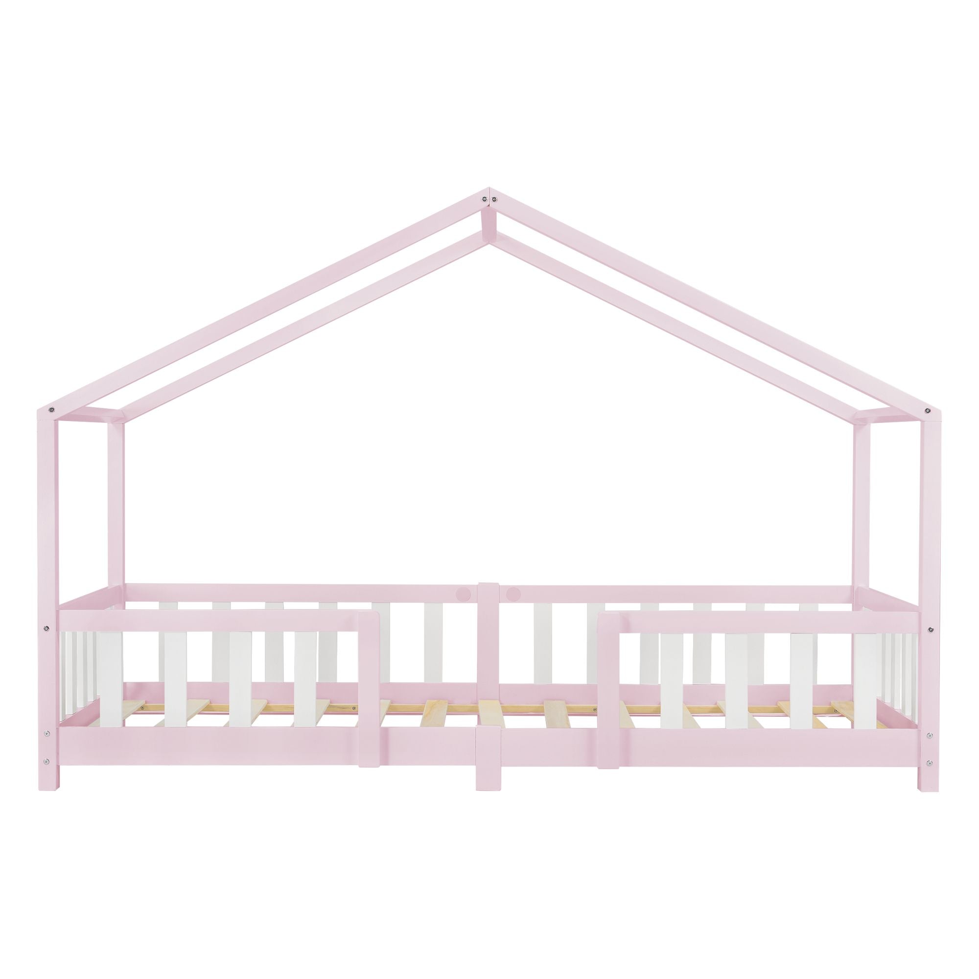 Lit cabane avec barrière + matelas - 90x200cm - Rose &amp; Blanc