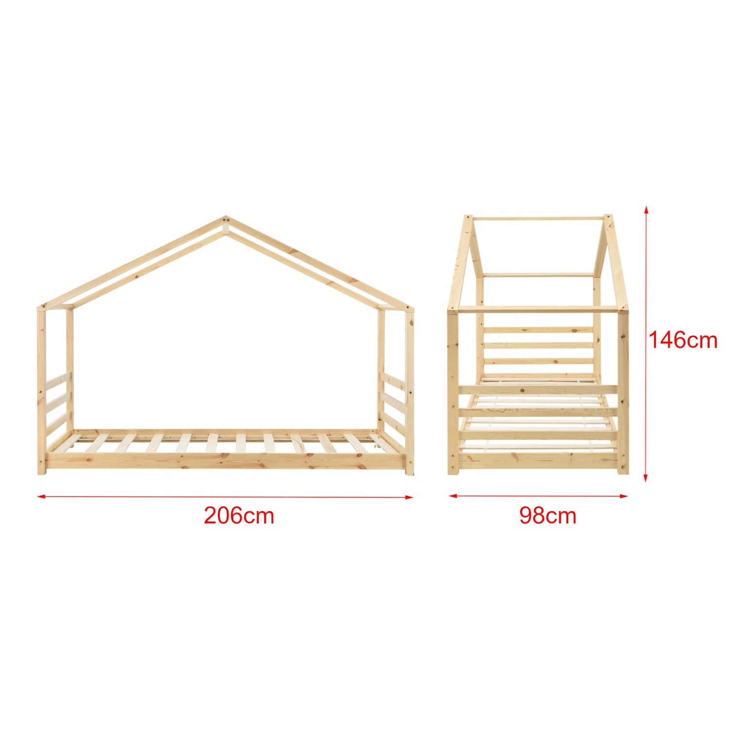 Montessori kajuitbed met matras - 90x200cm - Natuurlijk hout