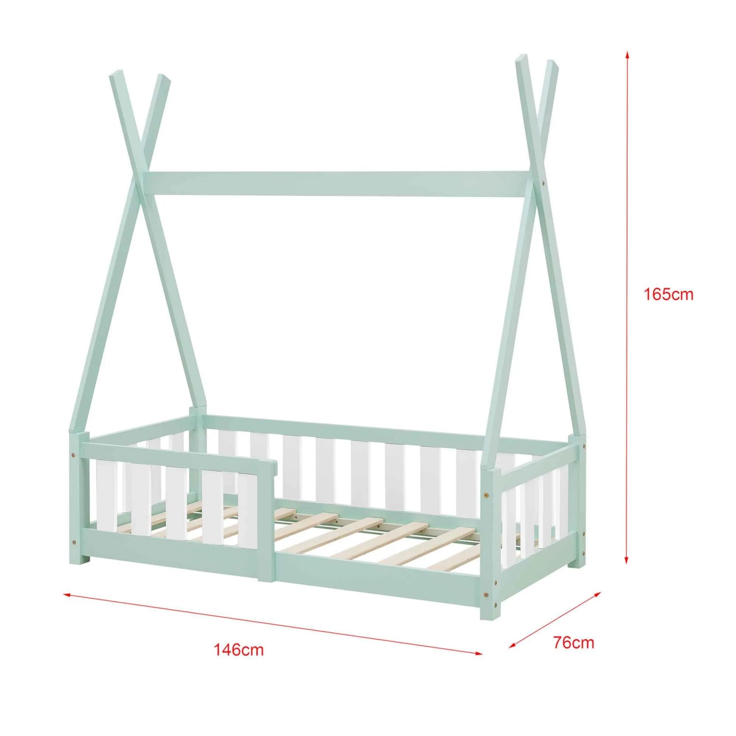 Lit tipi 70x140cm avec barrière et matelas - Vert &amp; blanc