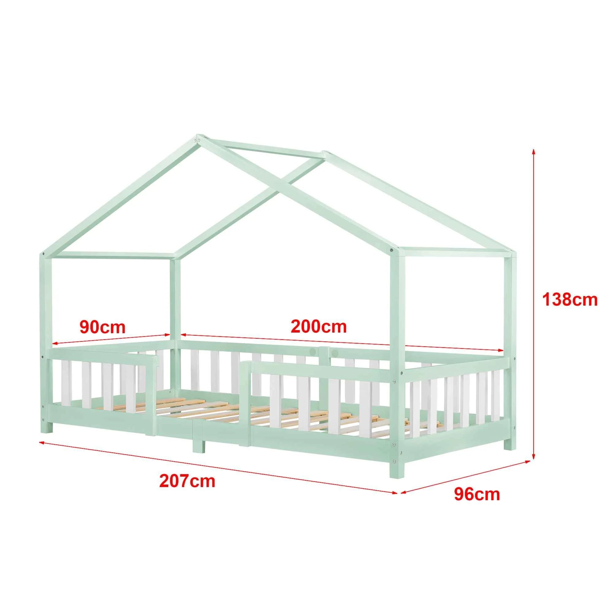 Lit cabane avec barrière - 90x200 cm - Vert menthe