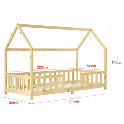 Lit cabane avec barrière - 90x200cm - Bois naturel