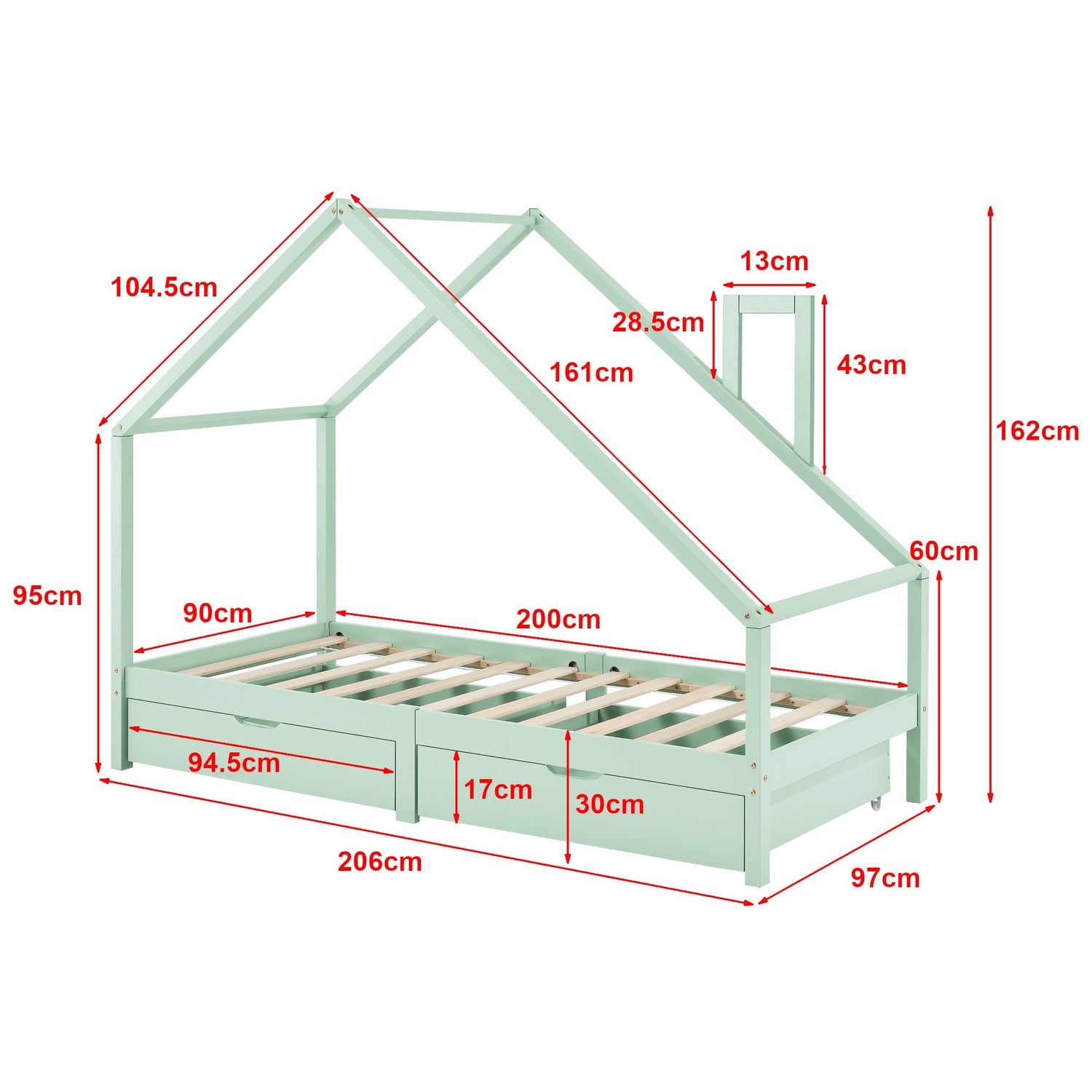 Cabinebed met opberglades + matras - 90x200cm - Groen