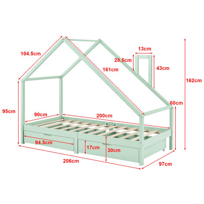 Lit cabane avec tiroirs de rangement + matelas - 90x200cm - Vert