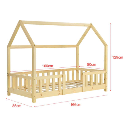 Lit cabane avec barrière - 80x160cm - Bois naturel