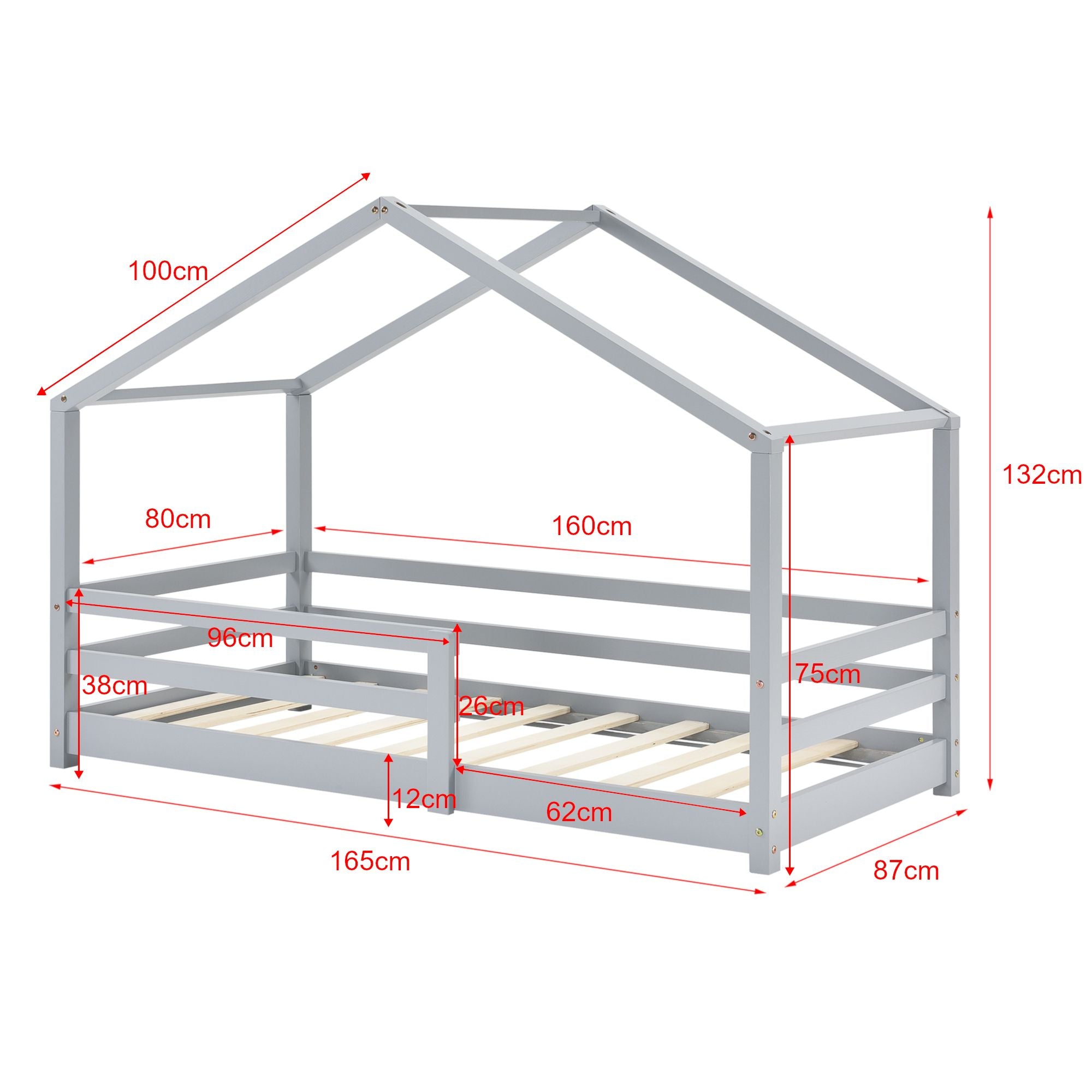 Hutbed met slagboom en matras - 80x160cm - Grijs