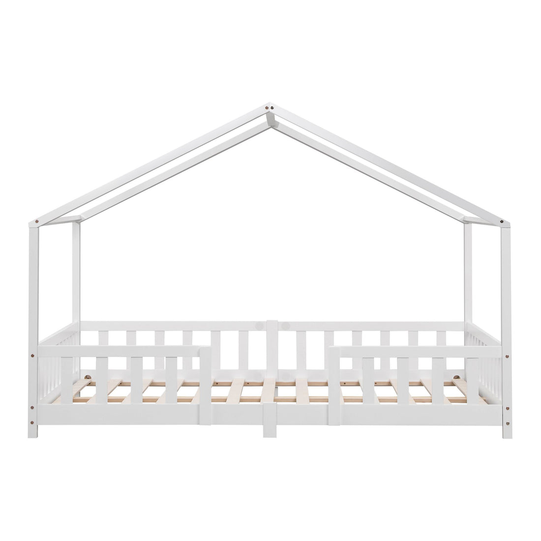 Grand lit cabane double avec barrière et matelas - 140x200cm - Blanc