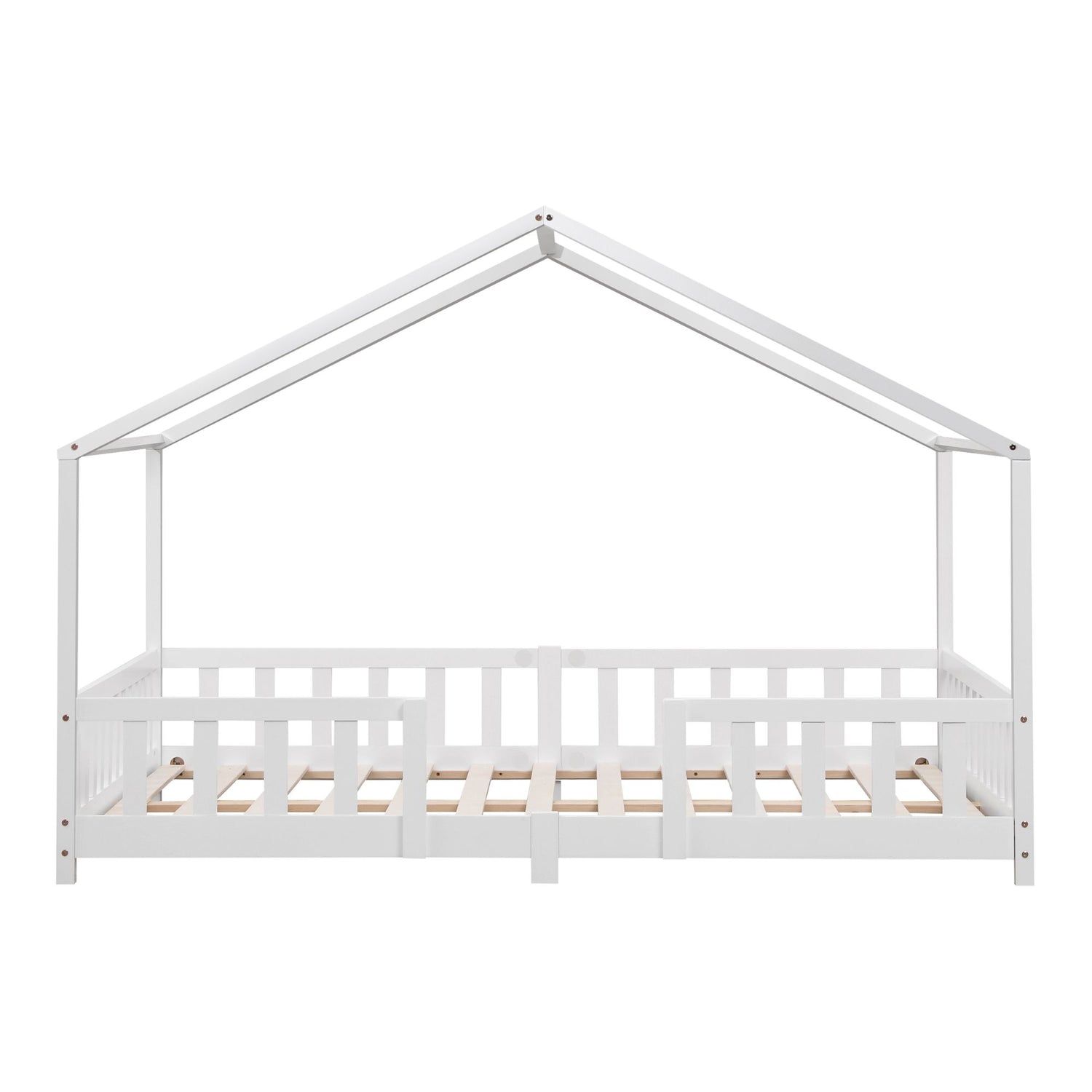 Grand lit cabane double avec barrière et matelas - 140x200cm - Blanc