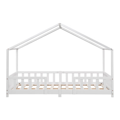 Grand lit cabane double avec barrière et matelas - 140x200cm - Blanc