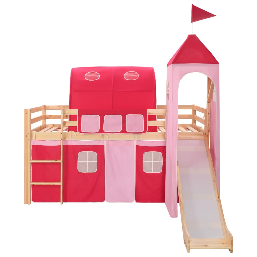 Lit cabane mezzanine avec toboggan et tente princesse - 90x200cm - Bois naturel