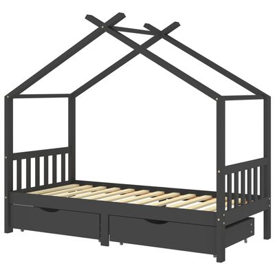 Lit cabane bois avec deux tiroirs de rangement 90x200cm - Gris foncé/Noir