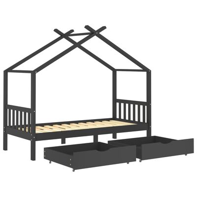 Lit cabane bois avec deux tiroirs de rangement 90x200cm - Gris foncé/Noir