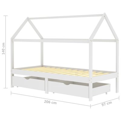 Lit cabane en bois avec deux tiroirs de rangement 90x200cm - Blanc