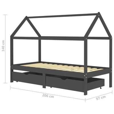 Lit cabane en bois avec deux tiroirs de rangement 90x200cm - Gris foncé/Noir