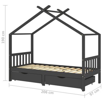 Lit cabane bois avec deux tiroirs de rangement 90x200cm - Gris foncé/Noir